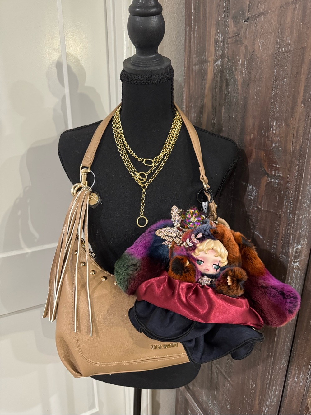 Custom Skullpanda with Multicolor Fur and Burgundy Satin Skirt